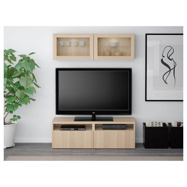 Шкаф для ТВ, комбинированный, стекляные дверцы БЕСТО, Лаппвикен, Синдвик под беленый дуб, прозрачное стелко (120x20/40x166 см) - фото 2