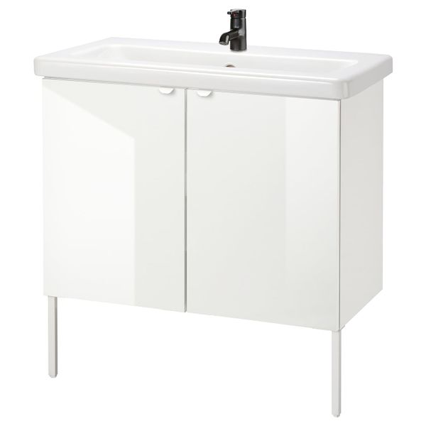 Шкаф под раковину с 2 дверец, глянцевый белый/Сальен смеситель 84x43x88 см IKEA FISKÅN ФИСКОН / TVÄLLEN ТВЭЛЛЕН 794.304.41 - фото 1