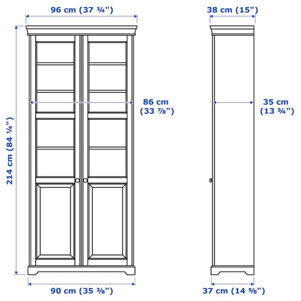 Шкаф книжный со стеклянными дверьми, белый 96x214 см IKEA LIATORP ЛИАТОРП 792.440.43 - схема-чертеж с размерами