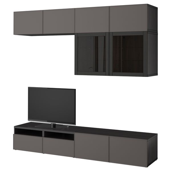 Шкаф для ТВ, комбинированный, стекляные дверцы БЕСТО, черно-коричневый Грундсвикен, темно-серый прозрачное стекло (240x40x230 - фото 1