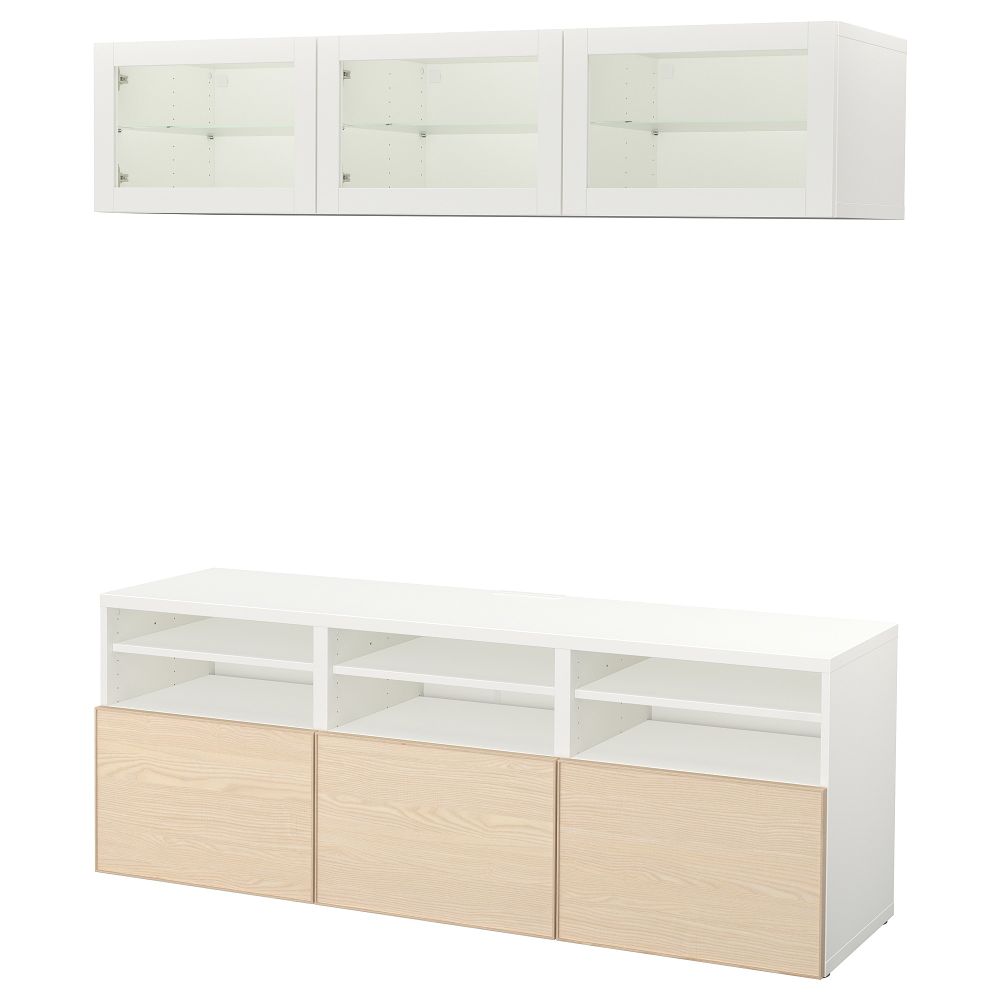 Шкаф для ТВ, комбинированный, стекляные дверцы БЕСТО, белый Инвикен, ясеневый шпон прозрачное стекло (180x40x192 см) - фото 1