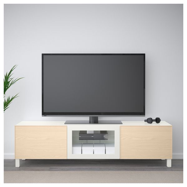 Тумба под ТВ с ящиками и дверцей БЕСТО, белый Инвикен, ясеневый шпон прозрачное стекло (180x40x48 см) - фото 2