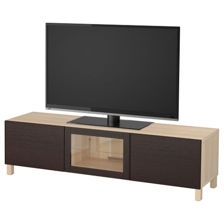 Тумба под ТВ с ящиками и дверцей БЕСТО, под беленый дуб, Инвикен черно-коричневый прозрачное стекло (180x40x48 см)