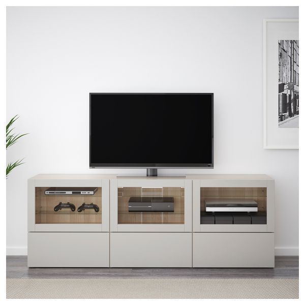 Тумба под ТВ, с дверцами и ящиками БЕСТО, под беленый дуб Синдвик, Лаппвикен светло-серый прозрачное стекло (180x40x64 см) - фото 2