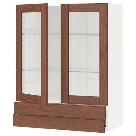 Навесной шкаф, 2 стеклянные дверцы, 2 ящика МЕТОД / ФОРВАРА, белый, Филипстад коричневый