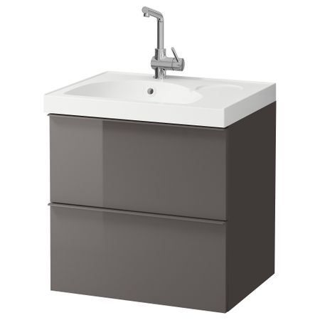 Шкаф для раковины с 2 ящиками ГОДМОРГОН / ЭДЕБОВИКЕН, глянцевый серый (60x49x64 см)