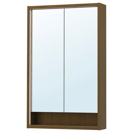 FAXÄLVEN Зеркальный шкаф с подсветкой - коричневый под дуб 60x15x95 см