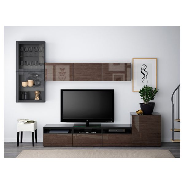 Шкаф для ТВ, комбинированный, стекляные дверцы, черно-коричневый/Сельсвикен глянцевый, коричневый прозрачное стекло 300x42x211 - фото 3