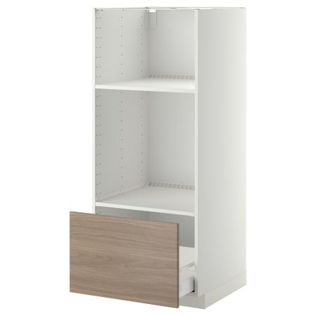 Высокий шкаф с ящиком для духовки/СВЧ МЕТОД / МАКСИМЕРА, белый, Брокхульт светло-серый (60x60x140 см)