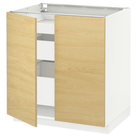 Напольный шкаф с 2 дверцами, 3 ящиками МЕТОД / МАКСИМЕРА, белый, Тингсрид береза (80x60 см)
