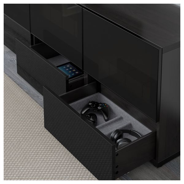 Тумба под ТВ, с дверцами и ящиками БЕСТО, черно-коричневый, Сельсвикен глянцевый/черный дымчатое стекло (180x40x64 см) - фото 3
