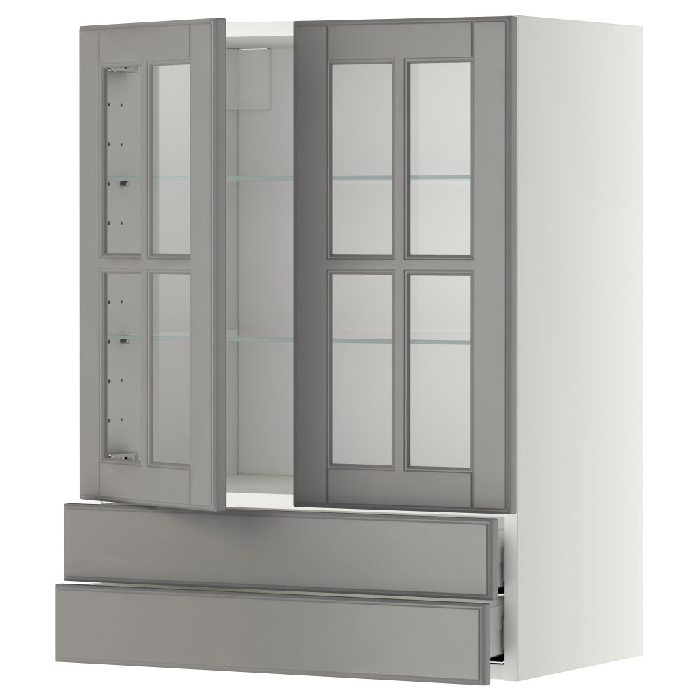 Навесной шкаф, 2 стеклянные дверцы, 2 ящика МЕТОД / МАКСИМЕРА, белый, Будбин серый - схема-чертеж с размерами