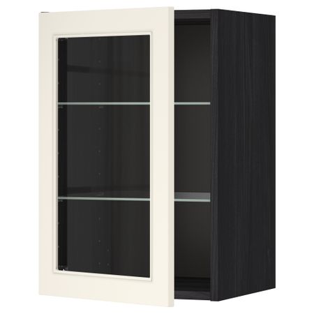 Навесной шкаф с полками, стекляными дверцы МЕТОД, черный, Хитарп белый с оттенком