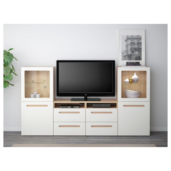 Шкаф для ТВ, комбинированный, стекляные дверцы БЕСТО, под беленый дуб, Марвикен белый прозрачное стекло (240x40x128 см) - фото 2