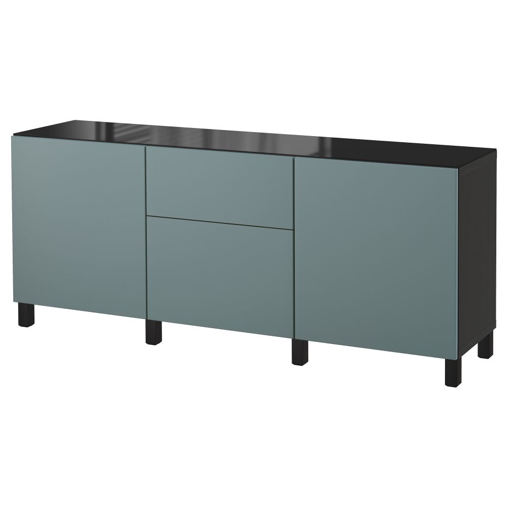 Комбинация для хранения с дверцами, ящиками БЕСТО, черно-коричневый, Вальвикен серо-бирюзовый (180x40x74 см) - фото 1