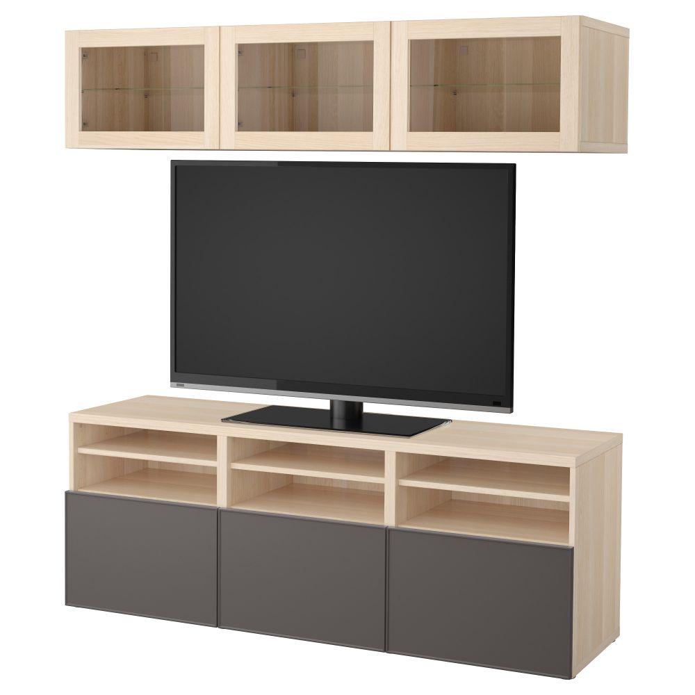 Шкаф для ТВ, комбинированный, стекляные дверцы БЕСТО, под беленый дуб Грундсвикен, темно-серый прозрачное стекло (180x40x192 см) - фото 1