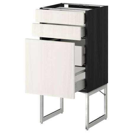 Напольный шкаф 3 фронтальных панели, 2 нижних, 2 средних ящика МЕТОД / МАКСИМЕРА, черный, Росдаль белый