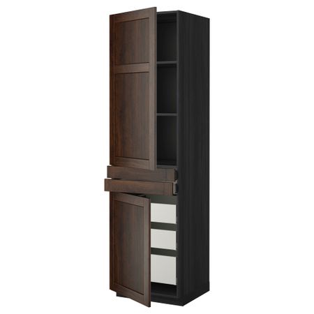 Высокий шкаф + полки, 5 ящиков, 2 дверцы, 2 фронтальных МЕТОД / МАКСИМЕРА, черный, Эдсерум коричневый