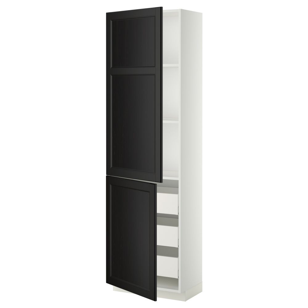 Высокий шкаф + полки, 3 ящика, 2 дверцы МЕТОД / МАКСИМЕРА, белый, Лаксарби черно-коричневый - фото 1
