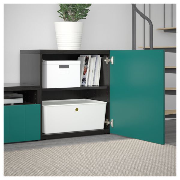 Шкаф для ТВ, комбинированный, стекляные дверцы БЕСТО, черно-коричневый Халлставик, сине-зеленый прозрачное стекло (300x20/40x211 - фото 3