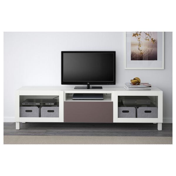 Тумба под ТВ БЕСТО, белый, Вальвикен темно-коричневый, прозрачное стекло (180x40x48 см) - схема-чертеж с размерами