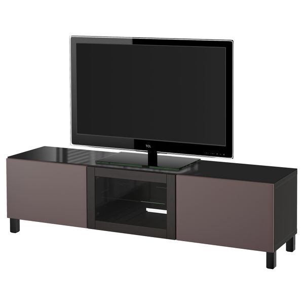 Тумба под ТВ, с дверцами БЕСТО, черно-коричневый, Вальвикен темно-коричневый, прозрачное стекло (180x40x38 см) - фото 1