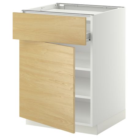 Напольный шкаф для варочной панели, ящик, полка, дверцы МЕТОД / ФОРВАРА, белый, Тингсрид береза (60x60 см)