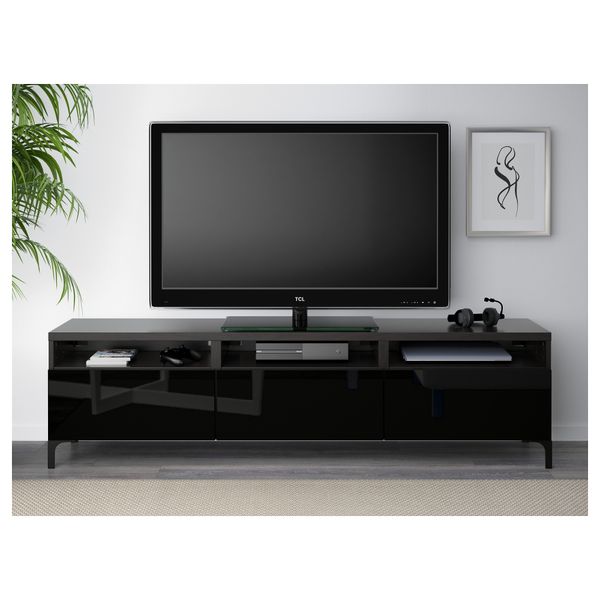 Тумба для ТВ с ящиками БЕСТО, черно-коричневый, Сельсвикен глянцевый/черный (180x40x48 см) - фото 2