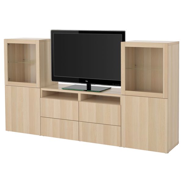 Шкаф для ТВ, комбинированный, стекляные дверцы БЕСТО, Лаппвикен, Синдвик под беленый дуб, прозрачное стелко (240x40x128 см) - фото 1