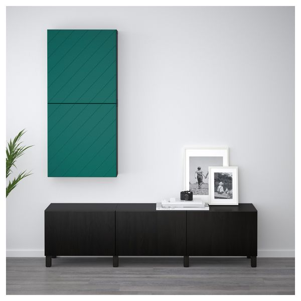 Навесной шкаф с 2 дверями БЕСТО, черно-коричневый, Халлставик сине-зеленый (60x20x128 см) - фото 2