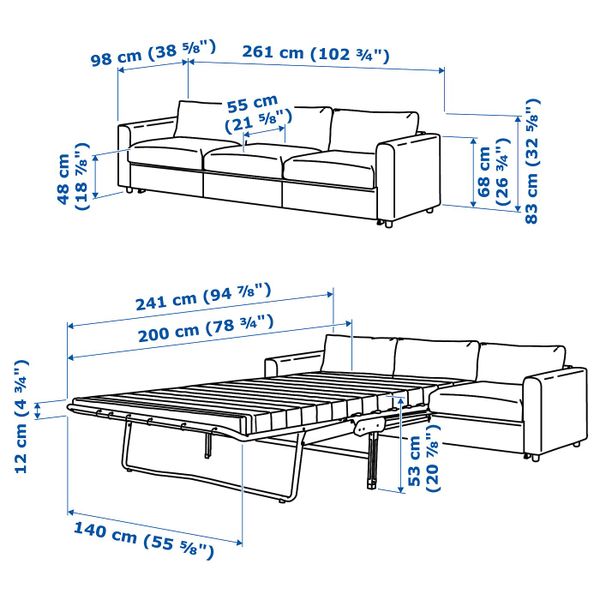 3-местный диван-кровать, Гранн/Бумстад золотисто-коричневый IKEA VIMLE ВИМЛЕ 793.066.63 - схема-чертеж с размерами
