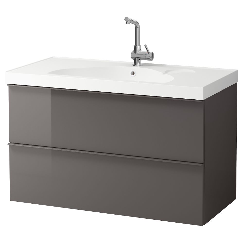 Шкаф для раковины с 2 ящиками ГОДМОРГОН / ЭДЕБОВИКЕН, глянцевый серый (100x49x64 см) - фото 1