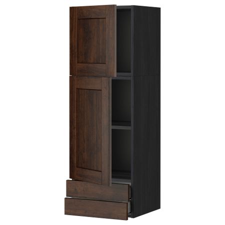 Навесной шкаф, 2 дверцы, 2 ящика МЕТОД / МАКСИМЕРА, черный, Эдсерум коричневый