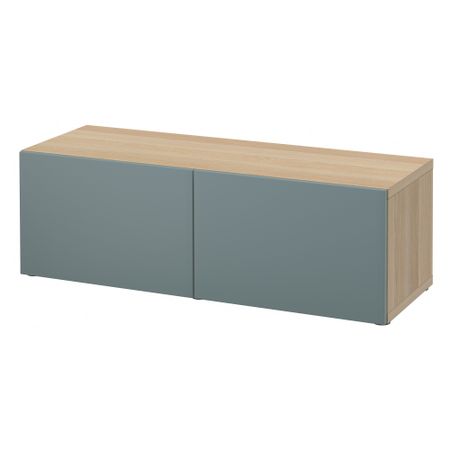 Стеллаж с дверьми БЕСТО, под беленый дуб, Вальвикен серо-бирюзовый (120x40x38 см)