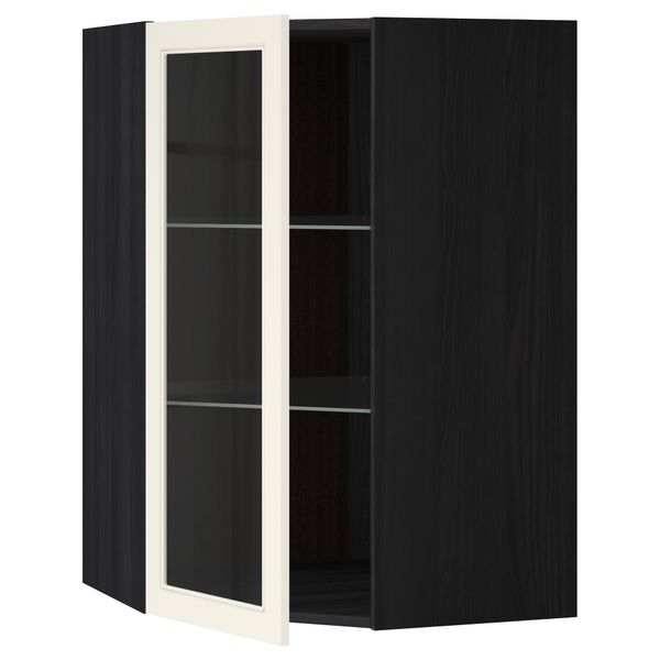 Угловой навесной шкаф с полками, стекляными дверцами МЕТОД, черный, Хитарп белый с оттенком - схема-чертеж с размерами