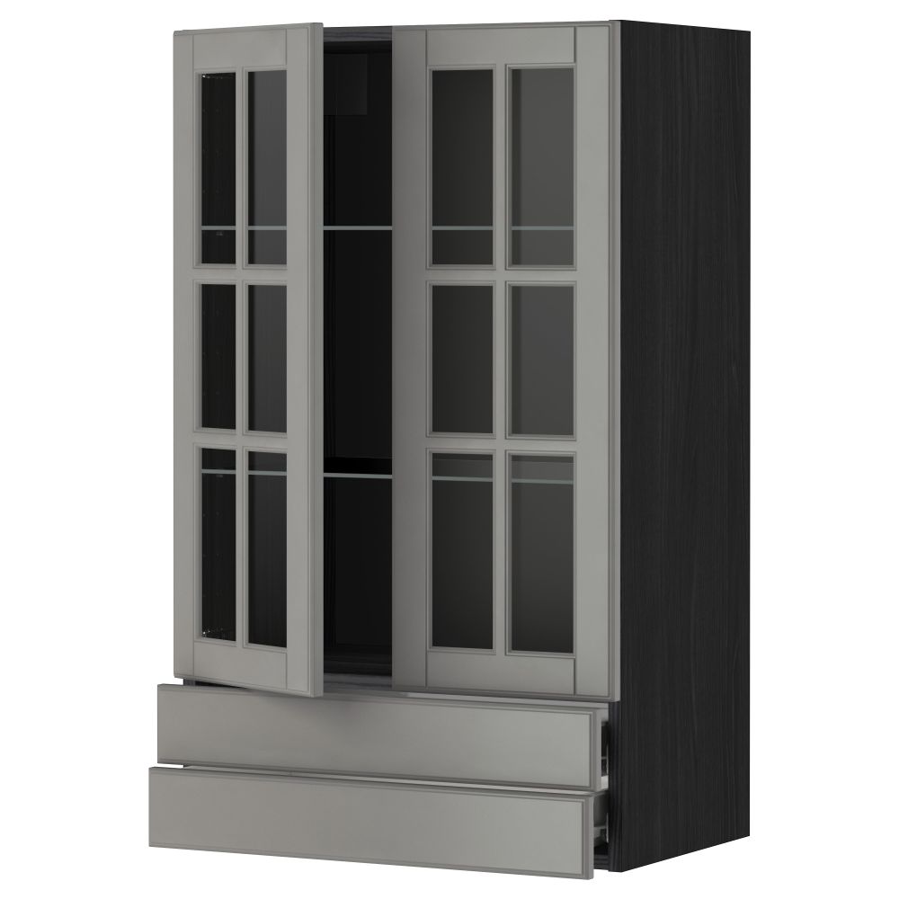 Навесной шкаф, 2 стеклянные дверцы, 2 ящика МЕТОД / ФОРВАРА, черный, Будбин серый - фото 1