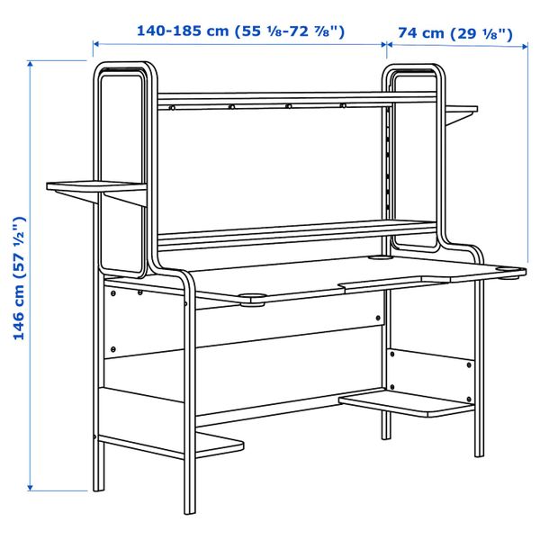 Геймерский стол, черный 185x74x146 см IKEA FREDDE ФРЕДДЕ 003.847.86 - схема-чертеж с размерами