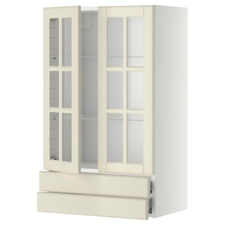 Навесной шкаф, 2 стеклянные дверцы, 2 ящика МЕТОД / ФОРВАРА, белый, Будбин белый с оттенком
