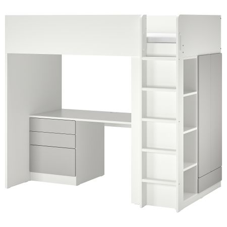 Кровать-чердак, белый серый с письменным столом с 2 полками, 90x200 см IKEA SMÅSTAD СМОСТАД 695.202.58