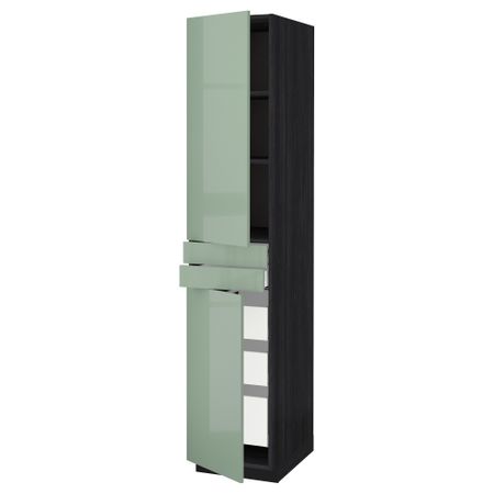 Высокий шкаф + полки, 5 ящиков, 2 дверцы, 2 фронтальных МЕТОД / МАКСИМЕРА, черный, Калларп светло-зеленый