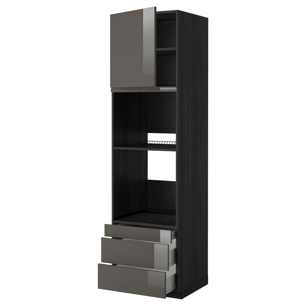 Высокий шкаф для духовки комбинированный, духовка + дверца, 3 ящика МЕТОД / ФОРВАРА, черный, Рингульт серый - фото 1