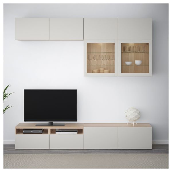 Шкаф для ТВ, комбинированный, стекляные дверцы БЕСТО, под беленый дуб Лаппвикен, Синдвик светло-серый прозрачное стекло - фото 2