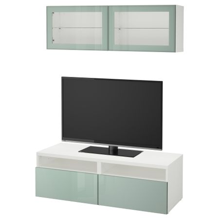 Шкаф для ТВ, комбинированный, стекляные дверцы БЕСТО, белый Сельсвикен, глянцевый/серо-зеленый светлый прозрачное стекло