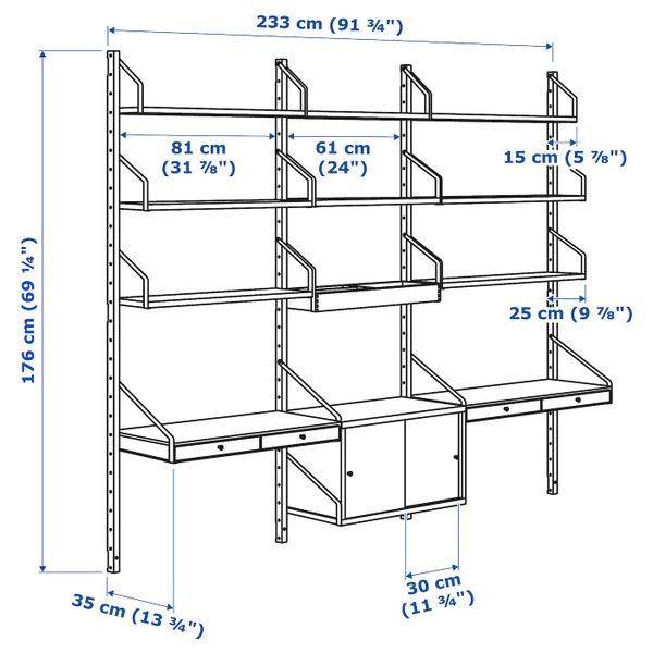Рабочее место – комбинация, бамбук, белый 233x35x176 см IKEA СВАЛЬНЭС 392.051.28 - схема-чертеж с размерами