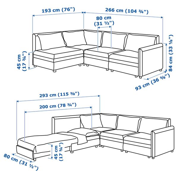 3-мест модульный угловой диван-кровать ВАЛЛЕНТУНА, и хранение, Хилларед темно-серый - схема-чертеж с размерами