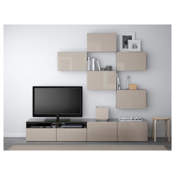 Шкаф для ТВ, комбинация БЕСТО, черно-коричневый, Сельсвикен глянцевый/бежевый (240x20/40x204 см) - фото 2