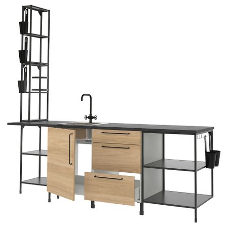 Кухня, 243x63.5x241 см, антрацит/под дуб IKEA ENHET 193.382.47