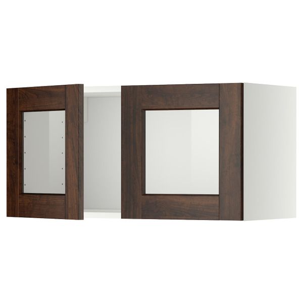 Навесной шкаф, 2 стеклянные дверцы, белый/Эдсерум коричневый 80x40 см IKEA METOD МЕТОД 894.471.44 - фото 1