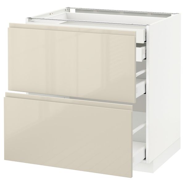 Напольный шкаф 2 фронтальные панели, 2 нижних, 1 средний, 1 высокий ящ, белый/Воксторп глянцевый светло-бежевый 80x60 см IKEA - фото 1