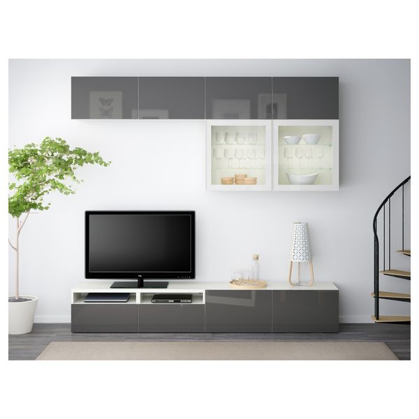 Шкаф для ТВ, комбинированный, стекляные дверцы БЕСТО, белый, Сельсвикен глянцевый/серый прозрачное стекло (240x40x230 см) - фото 2